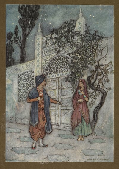 Tavola 2: "Il principe si riprese e, camminando, vide una figura umana vicino al cancello", da Folk-Tales of Bengal... Con 32 illustrazioni a colori di Warwick Goble da Warwick Goble
