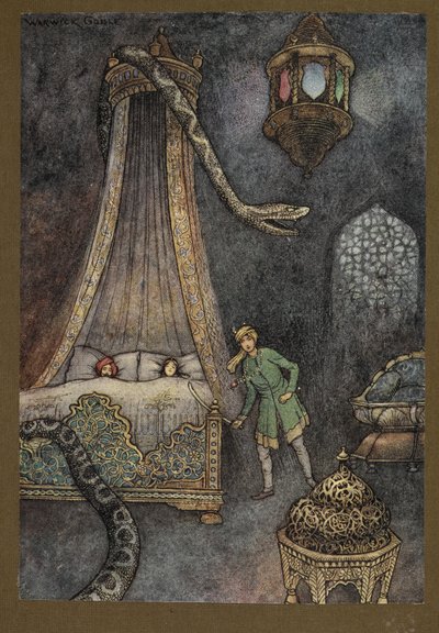 Tavola 3: "Si precipitò fuori dal suo nascondiglio e uccise il serpente", da Folk-Tales of Bengal ... Con 32 illustrazioni a colori di Warwick Goble. (Edizione de luxe) da Warwick Goble