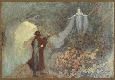 La fata appare al principe nella grotta, da Cenerentola da Warwick Goble