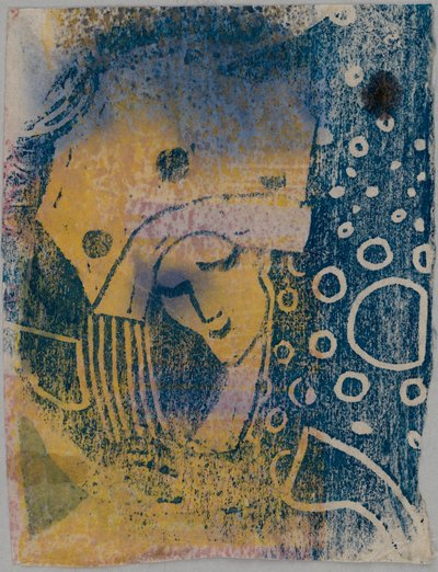 Farbholzschnitt-Probedrucke; Vorderseite: Frauenkopf mit großer Haube, Hintergrund mit Kreismusterung; Rückseite: Hand, stehende Gestalten da Wassily Kandinsky
