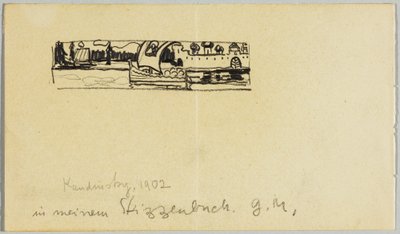 Paesaggio fluviale con barca e città murata da Wassily Kandinsky