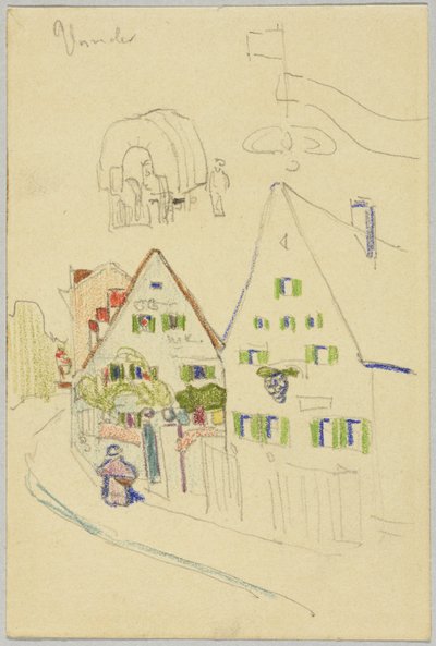 Strada con case a tetto a sella e carro coperto, verso: Vista di un luogo con una chiesa a torre a cipolla da Wassily Kandinsky
