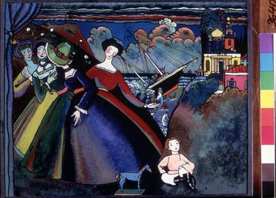 "Le navire" Jeunes femmes a quai, au loin un bateau semble faire naufrage. Peinture de Vassily Kandinsky da Wassily Kandinsky