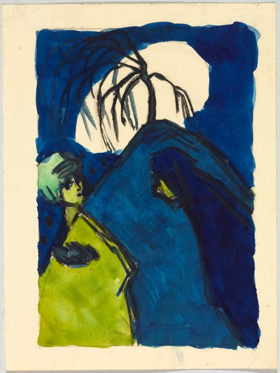 Zwei Gestalten vor Hügel mit Baum und weißer Wolke; Begegnung da Wassily Kandinsky