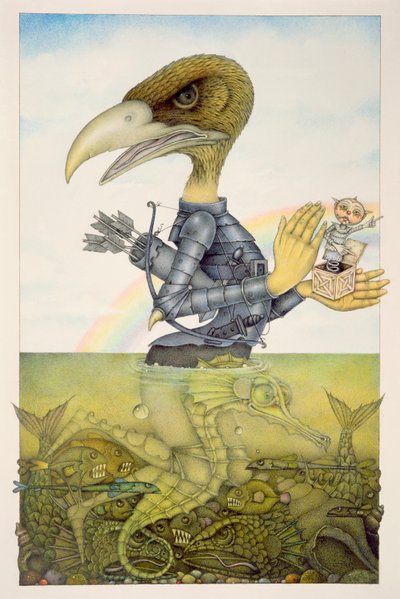 Uccello in armatura su cavallo marino (matita e pastello colorato su carta) (coppia di 150071) da Wayne Anderson