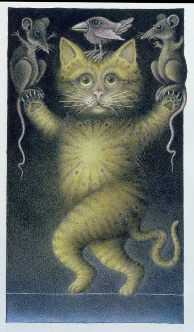 Gatto sulla fune, in equilibrio con uccello e topi (matita e pastello colorato su carta) da Wayne Anderson