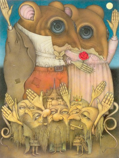 Coppia di topi e nani che salutano (matita e pastello colorato su carta) da Wayne Anderson