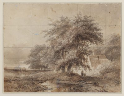 Paesaggio con una fattoria sotto gli alberi a destra, con una donna e un bambino davanti da Weissenbruch (workshop of)