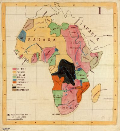 La Wells Missionary Map Co., 3612 Prairie Avenue, Chicago, copyright richiesto. Mappa in tessuto. Penna e inchiostro, matita, pastello e acquerello; nomi di luoghi, nomi nella legenda e coordinate disegnati meccanicamente in inchiostro nero. I. Disponibile da Wells Missionary Map Co.
