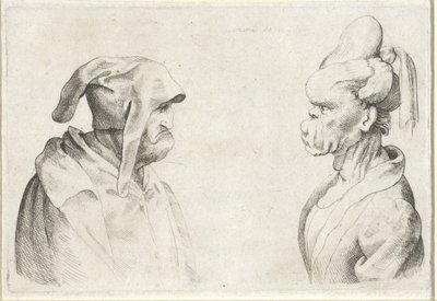 Teste deformi di un uomo con cappello floscio e donna con capelli legati da Wenceslaus Hollar (attributed to)