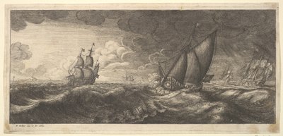 Uno yacht e tre navi da guerra in una tempesta da Wenceslaus Hollar
