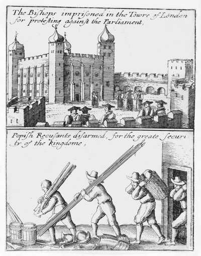 Vescovi imprigionati nella Torre di Londra; recusanti papisti disarmati da Wenceslaus Hollar