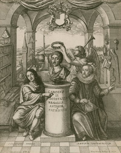 Busto di Carlo II, con Lord Brouncker (a sinistra), il primo Presidente della Royal Society, e Francis Bacon (a destra) da Wenceslaus Hollar
