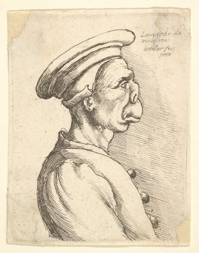 Busto di un uomo con naso piatto e bocca sporgente, che indossa un berretto piatto e un cappotto abbottonato, 1660 da Wenceslaus Hollar