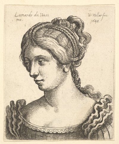 Busto di donna che guarda verso il basso a sinistra con capelli elaboratamente decorati da Wenceslaus Hollar