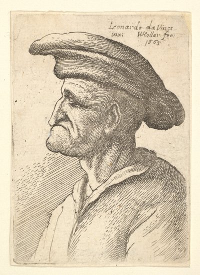 Busto di uomo anziano con naso che incontra il labbro inferiore, che indossa un ampio cappello piatto in profilo, 1665 da Wenceslaus Hollar
