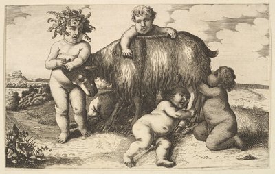 Quattro ragazzi, un giovane satiro e una capra copia inversa da Wenceslaus Hollar