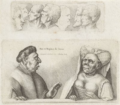 Fregio con teste di studio / Caricature del re e della regina di Tunisia da Wenceslaus Hollar