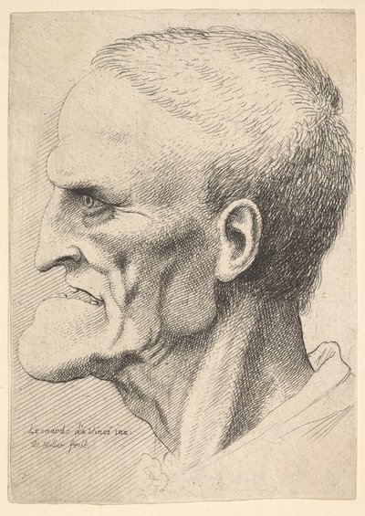 Testa di un vecchio con mento pronunciato, capelli corti e bocca spalancata da Wenceslaus Hollar