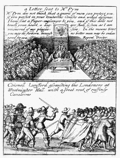 John Pym legge una lettera alla Camera dei Comuni; il colonnello Thomas Lunsford e i suoi soldati attaccano i londinesi da Wenceslaus Hollar