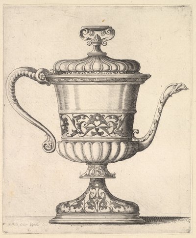 Brocca con coperchio, incisa con motivo arabesco, il beccuccio stretto a destra termina in un serpente da Wenceslaus Hollar