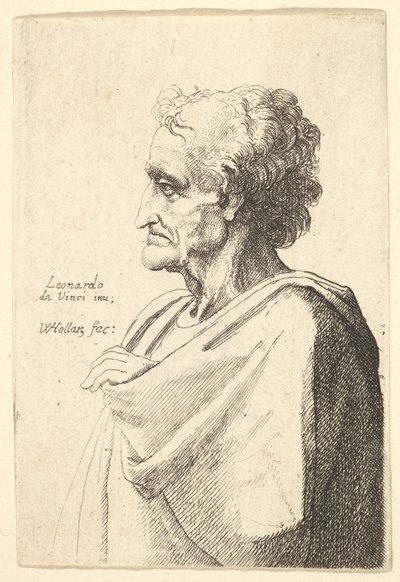 Uomo con espressione triste a sinistra con mano che emerge dal mantello da Wenceslaus Hollar