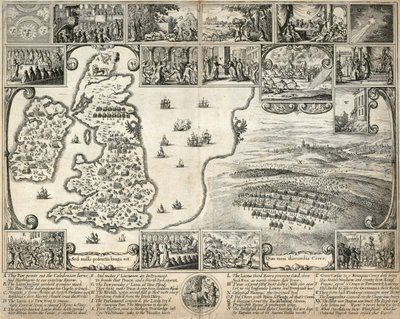 Mappa delle isole britanniche e illustrazioni di eventi storici del XVII secolo da Wenceslaus Hollar