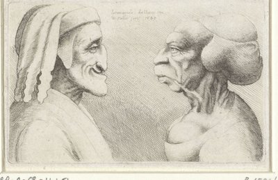 Caricature deformate di un uomo con berretto (Dante?) e donna da Wenceslaus Hollar