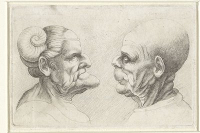Teste deformate di un uomo calvo e di una donna con corna sulla testa da Wenceslaus Hollar
