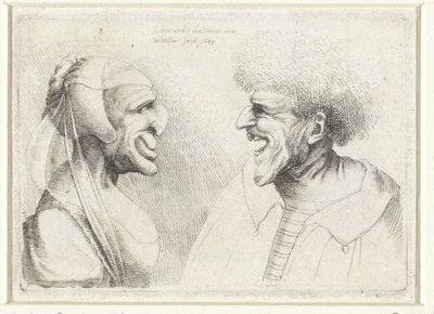 Teste deformate di un uomo che ride e di una donna con cuffietta da Wenceslaus Hollar