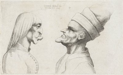 Teste deformate di una donna con capelli lisci e un uomo con cappello a doppia falda da Wenceslaus Hollar