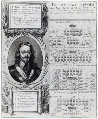Ritratto di Re Carlo I con diagrammi che mostrano la formazione delle sue truppe durante la Guerra dei Vescovi, c.1639 da Wenceslaus Hollar