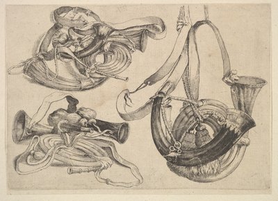Sette corni da caccia in tre gruppi, 1625-77 da Wenceslaus Hollar