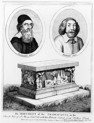 Il monumento dei Tradescants nel cimitero della chiesa di Santa Maria Lambeth, pub. nel 1793 da Wenceslaus Hollar