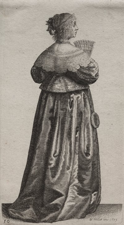 Gli abiti delle donne inglesi, dalla nobiltà alle contadine di questi tempi: La donna con ventaglio e specchio da Wenceslaus Hollar