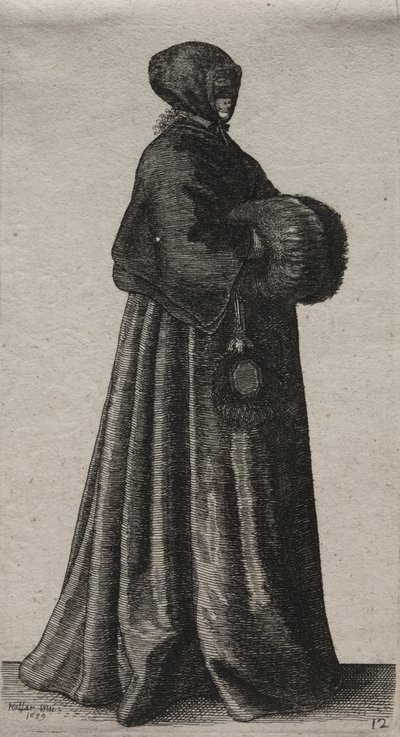 Gli abiti delle donne inglesi, dalla nobiltà alle contadine di questi tempi: La donna con maschera, cappuccio e manicotto da Wenceslaus Hollar