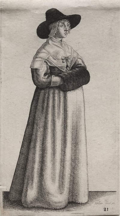 Gli abiti delle donne inglesi, dalla nobiltà alle contadine di questi tempi: La donna con cappello maschile e manicotto scuro da Wenceslaus Hollar