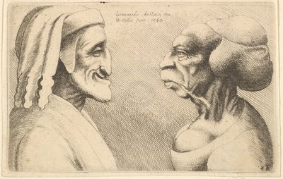 Due teste deformate, la figura a sinistra è forse una caricatura di Dante da Wenceslaus Hollar