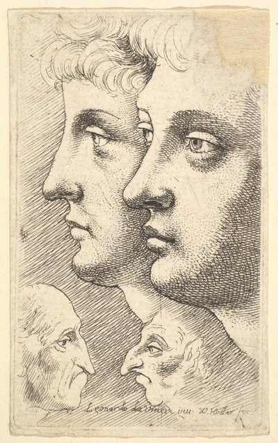 Due giovani di profilo a sinistra con due teste grottesche che si affrontano sotto da Wenceslaus Hollar