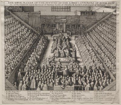 Westminster Hall, interno, con il processo del conte di Strafford da Wenceslaus Hollar