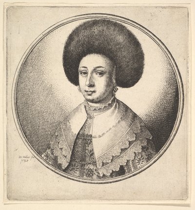Donna con grande cappello di pelliccia circolare e orecchini da Wenceslaus Hollar