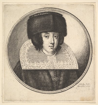 Donna con colletto di pizzo rigido e cappello di pelliccia a corona piatta da Wenceslaus Hollar