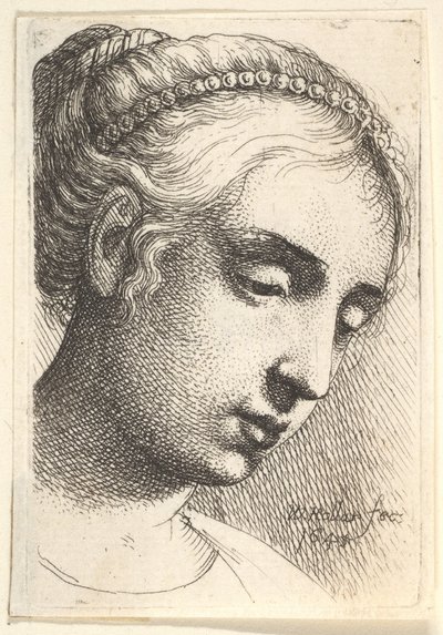 Donna con filo di perle nei capelli che guarda in basso a destra da Wenceslaus Hollar