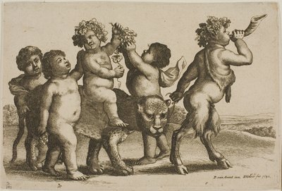 Giovane Bacco che cavalca un leopardo guidato da un satiro che soffia un corno da Wenceslaus Hollar