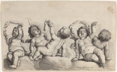 Tre Cherubini e Due Ragazzi che Alzano un Braccio sulle Nuvole da Wenceslaus Hollar, after Peeter van Avont