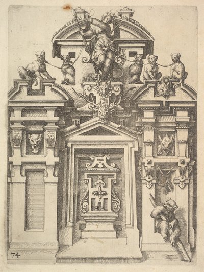 Progetto per una struttura architettonica a tema di caccia, Tavola 74 dal libro di Dietterlin, 1598 da Wendel Dietterlin the Elder