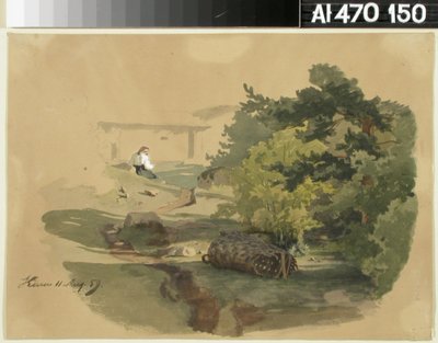 Landschaft mit Schindelkorb und sitzender Frau da Werner Holmberg