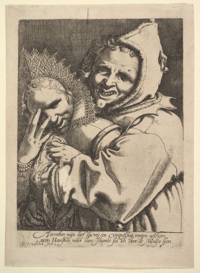 Folle con una ragazza che guarda attraverso le dita da Werner Jacobsz. van den Valckert