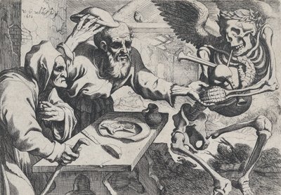 Vecchia coppia e morte con cornamuse, 1612 da Werner Jacobsz. van den Valckert
