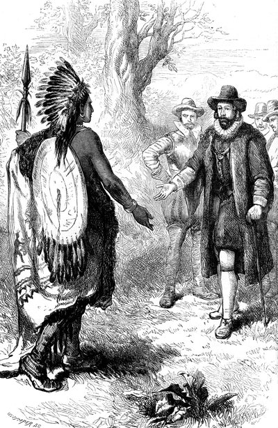 Accoglienza di un guerriero Narragansett da parte di John Winthrop, Massachusetts, c. 1630s c. 1880 da Whymper